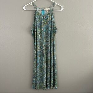 Michael Kors Women's M Blue Green Paisley Sleeveless Halter Dress Stretch Knit